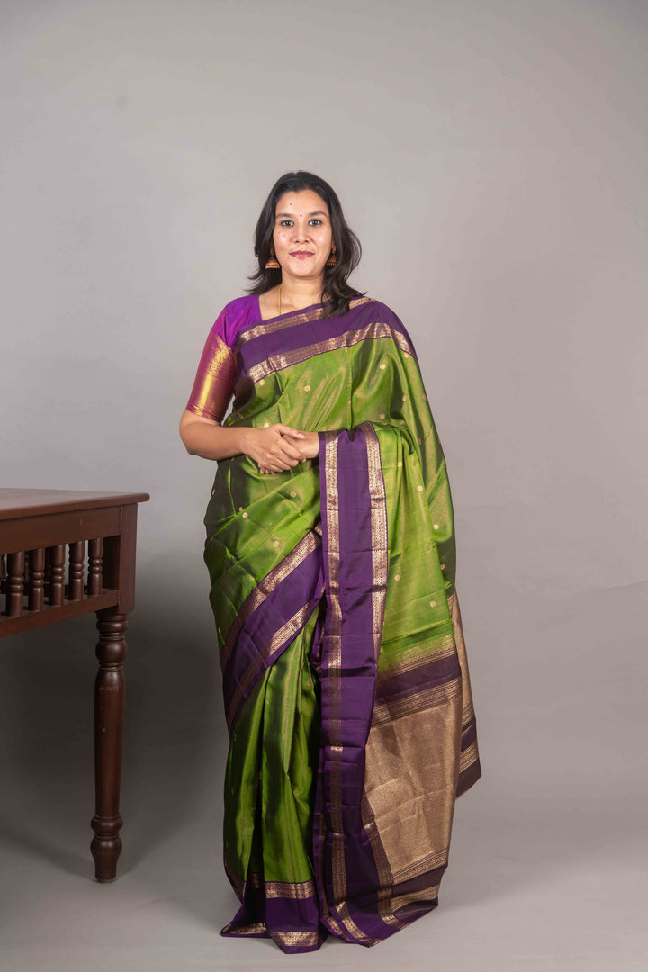 Leaf Green And Violet Vairaoosi Kanchipuram Silk Saree