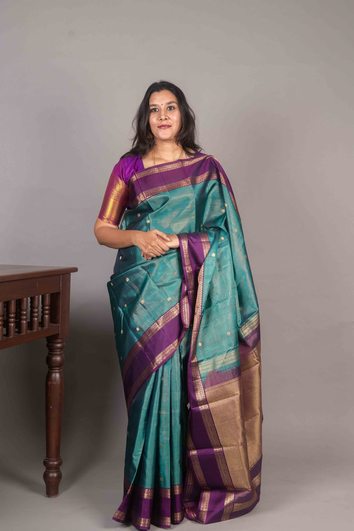 Peacock Blue And Purple Vairaoosi Silk Saree