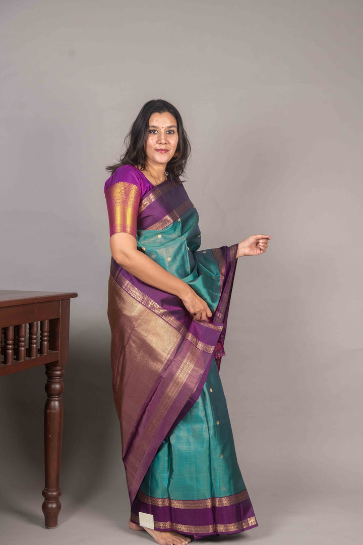Peacock Blue And Purple Vairaoosi Silk Saree