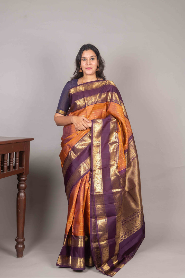 Honey Orange And Jamun Purple Veldhari Kanchi Silk Saree