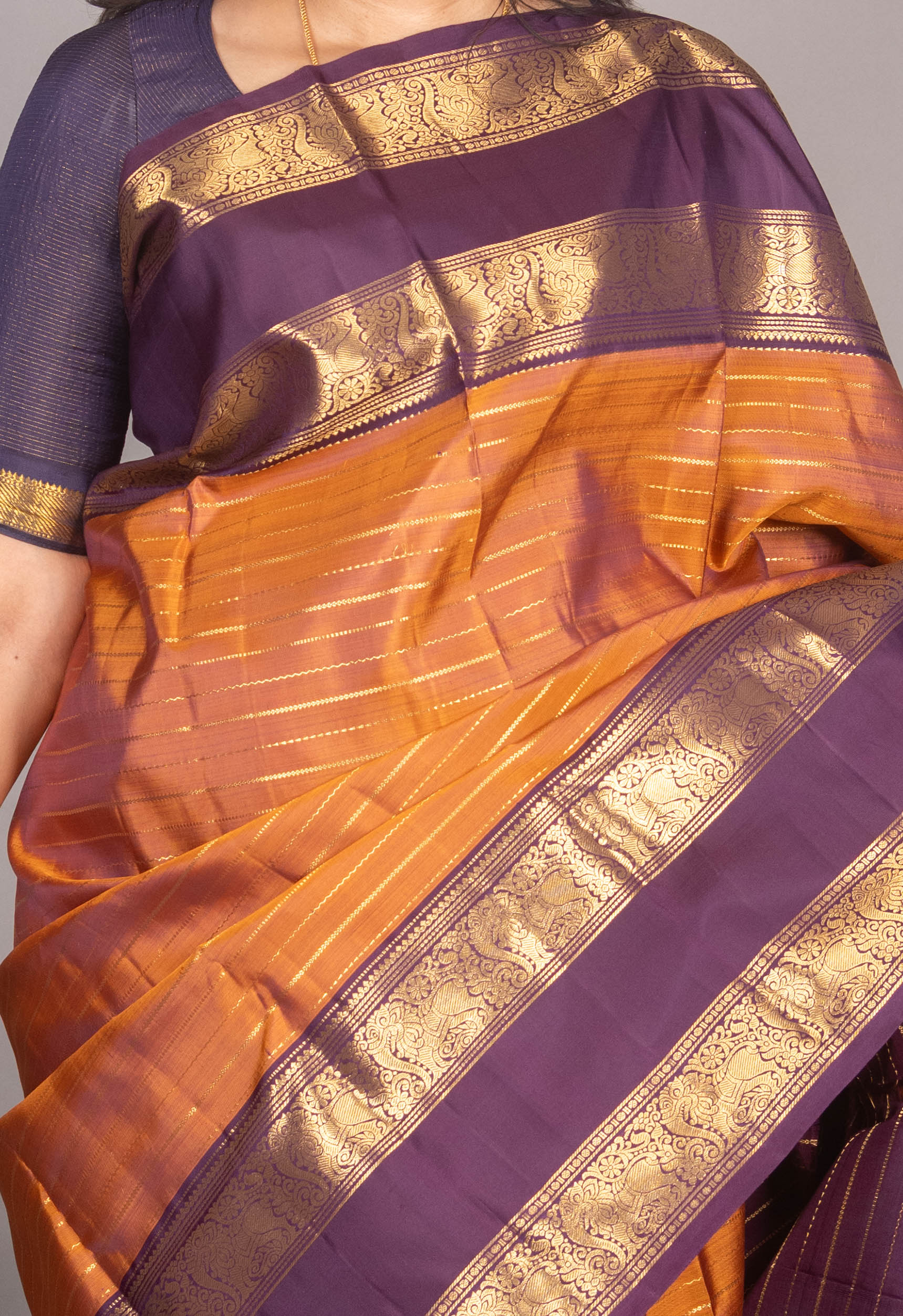 Honey Orange And Jamun Purple Veldhari Kanchi Silk Saree