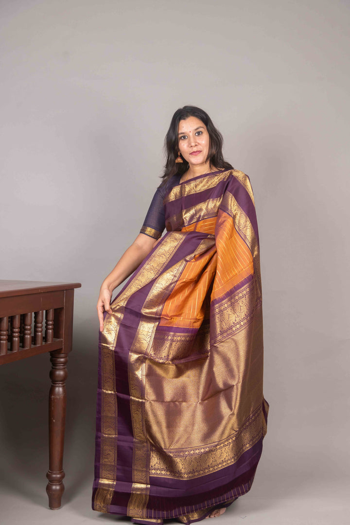 Honey Orange And Jamun Purple Veldhari Kanchi Silk Saree