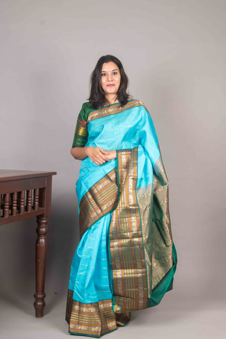 Light Blue And Green Korvai Kanchipuram Silk Saree