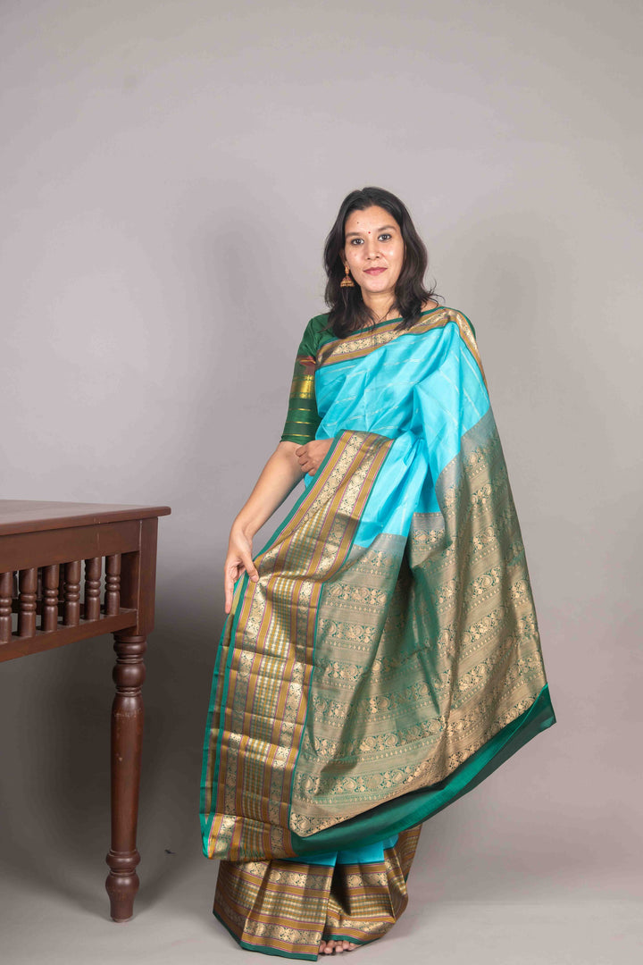 Light Blue And Green Korvai Kanchipuram Silk Saree