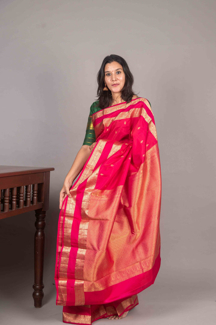 Rani Pink Retta Kanjivaram Soft Silk Saree