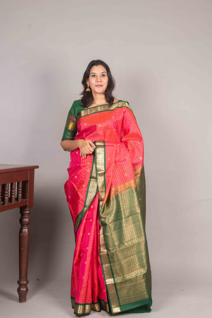 Dual Tone Pink And Green Zari Checked Silk Saree
