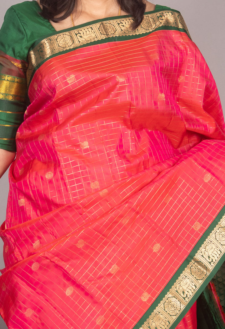 Dual Tone Pink And Green Zari Checked Silk Saree