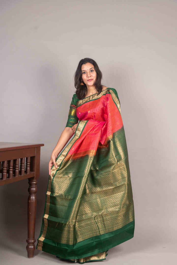 Dual Tone Pink And Green Zari Checked Silk Saree