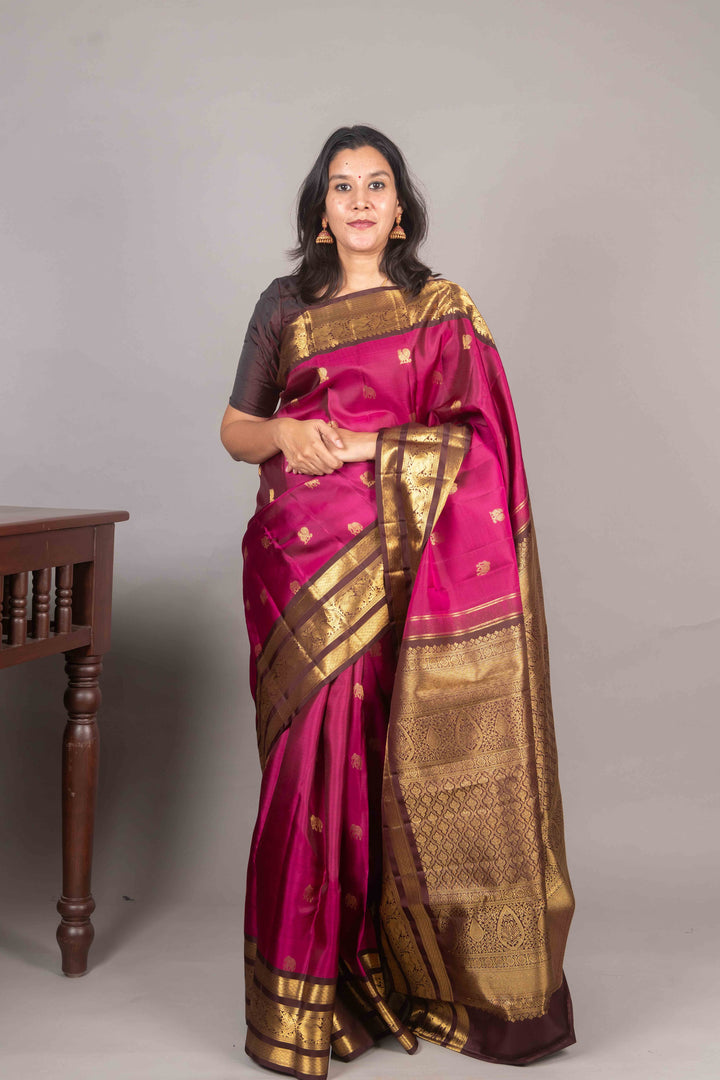 Magenta And Brown Vintage Kanchi Silk Saree