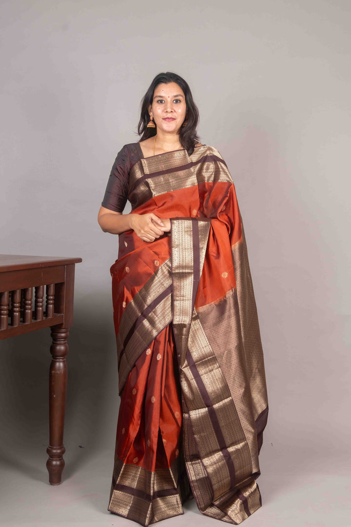 Rust Orange And Brown Retta Petu Kanjivaram Silk Saree