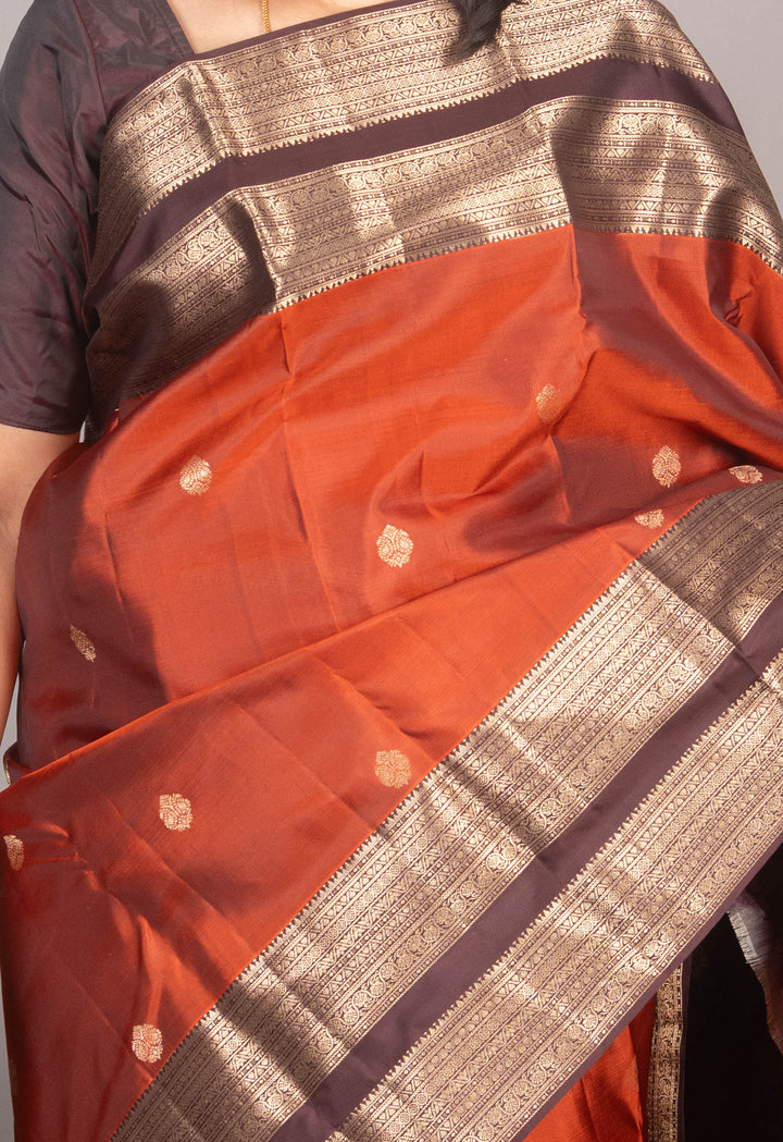 Rust Orange And Brown Retta Petu Kanjivaram Silk Saree