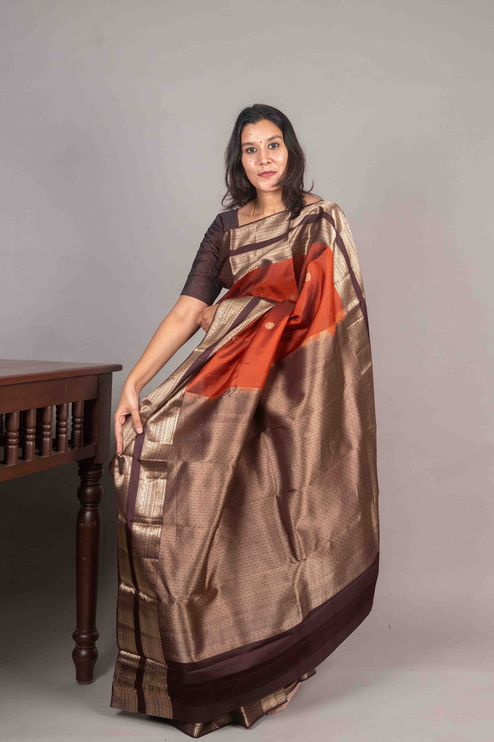 Rust Orange And Brown Retta Petu Kanjivaram Silk Saree