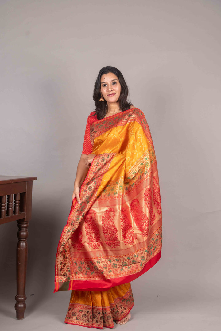 Yellow And Red Paithani Kanjipuram Silk Saree