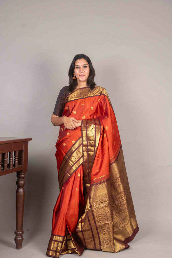 Rust Orange And Brown Vintage Kanchi Silk Saree