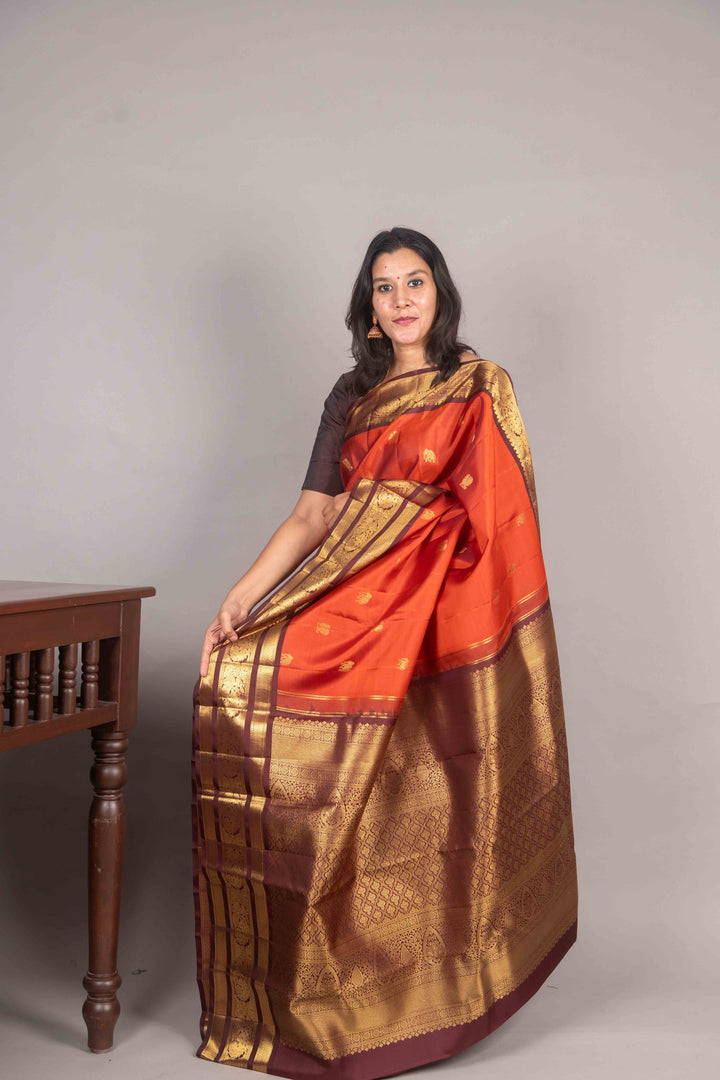 Rust Orange And Brown Vintage Kanchi Silk Saree