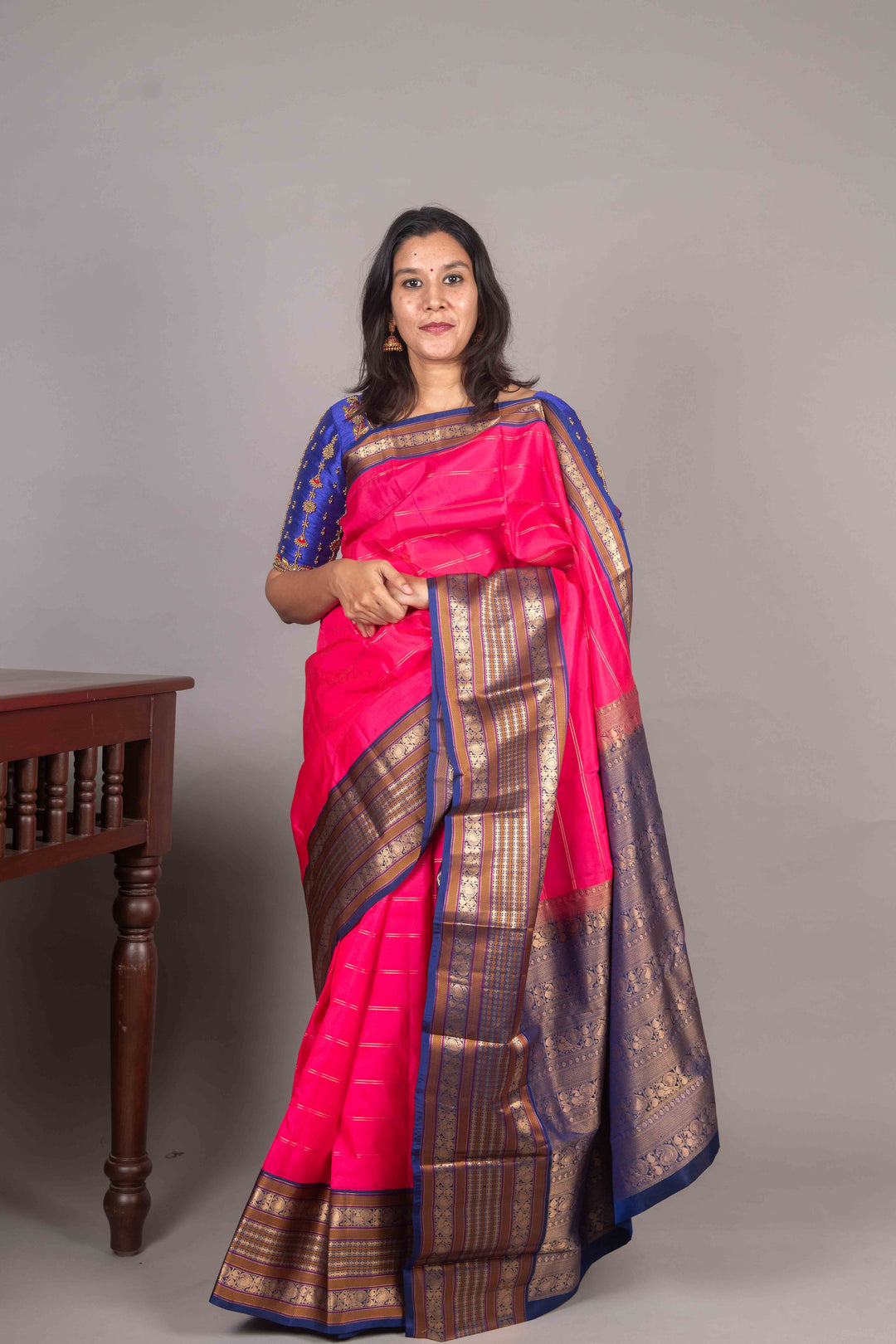 Bright Pink And Blue Veldhari Silk Saree