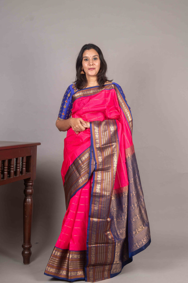 Bright Pink And Blue Veldhari Silk Saree