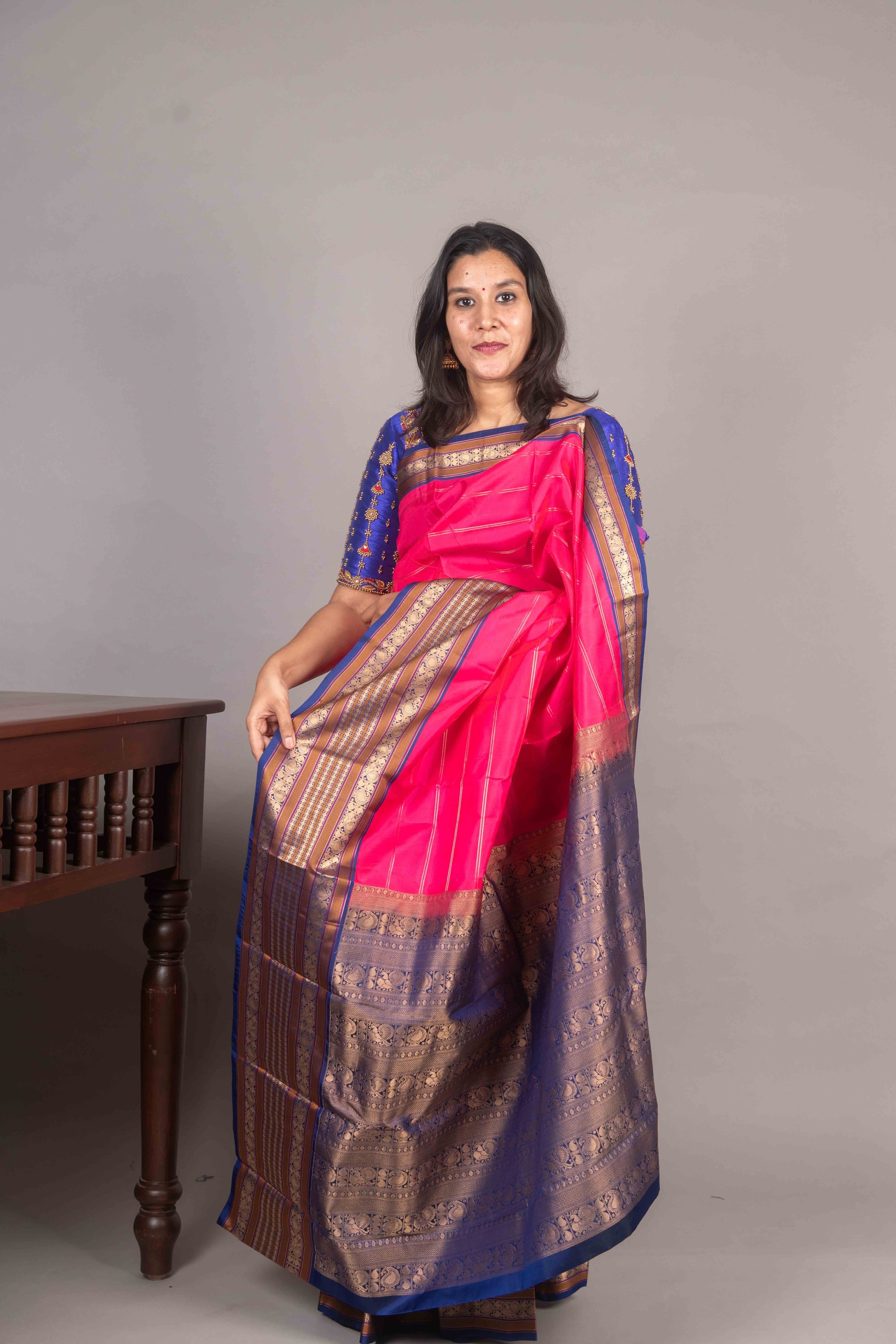 Bright Pink And Blue Veldhari Silk Saree