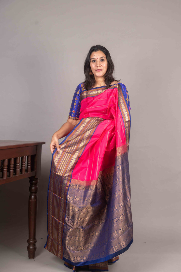 Bright Pink And Blue Veldhari Silk Saree