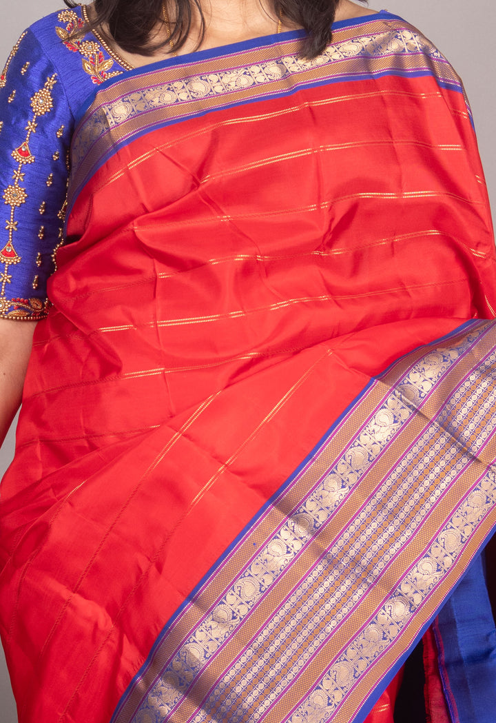 Red And Blue Veldhari Kanchipuram Silk Saree