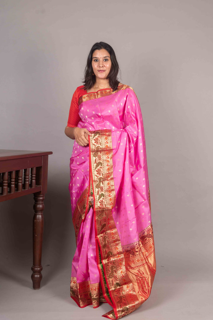 Rose Pink And Red Piathani Silk Saree