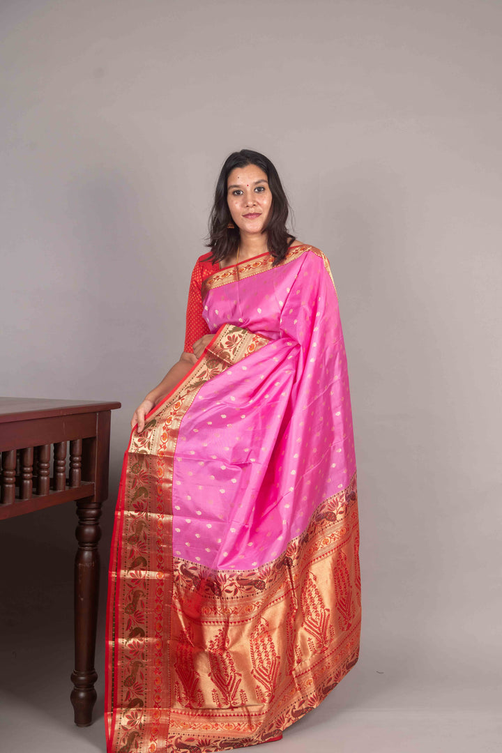 Rose Pink And Red Piathani Silk Saree