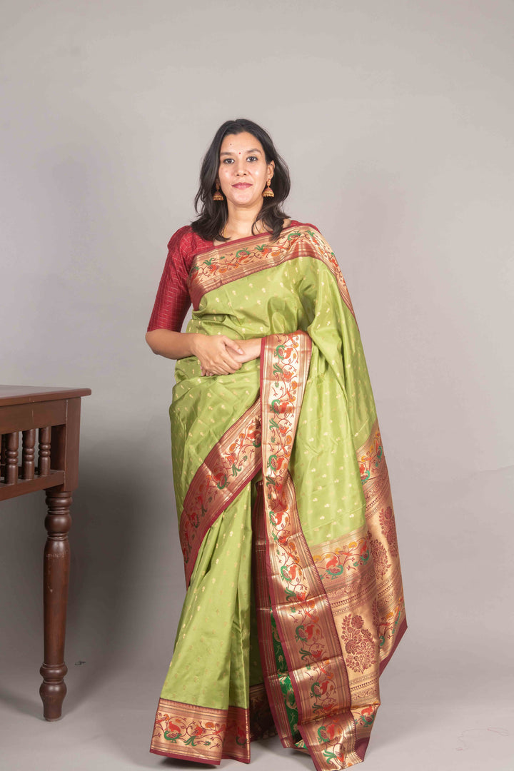 Light Green And Brown Paithani Silk Saree
