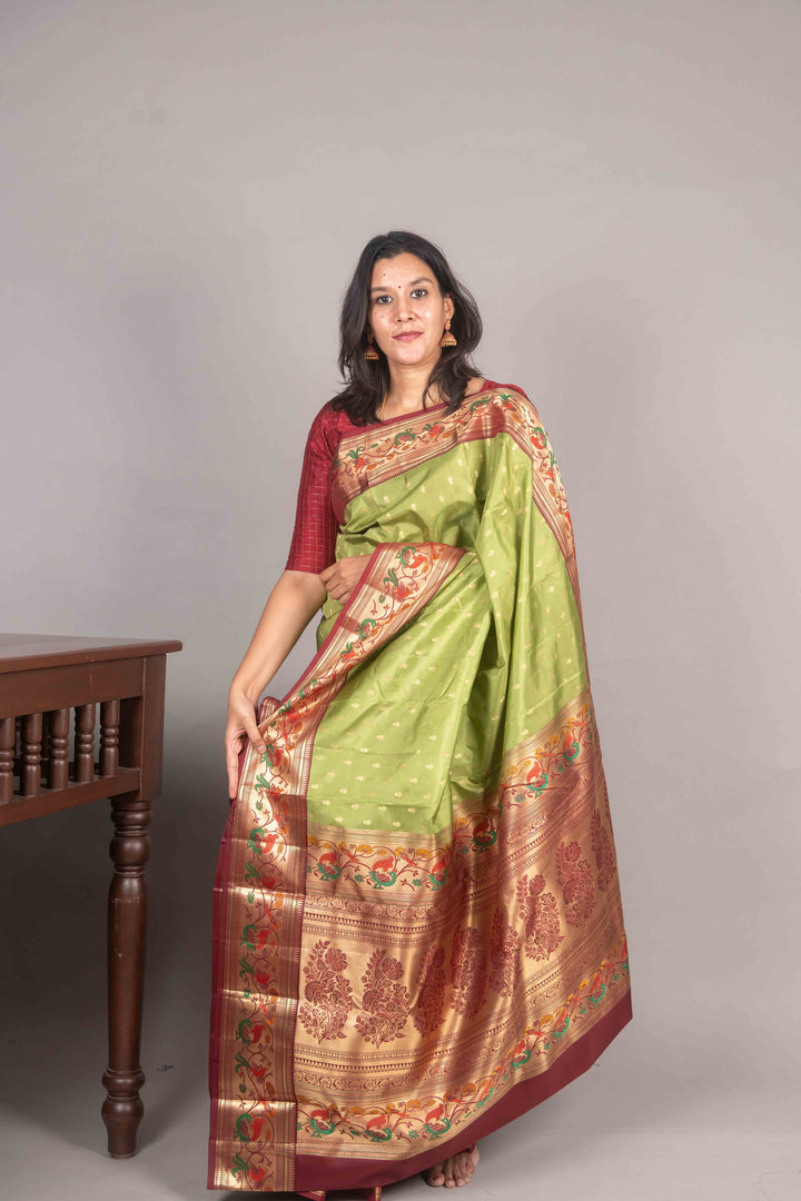 Light Green And Brown Paithani Silk Saree
