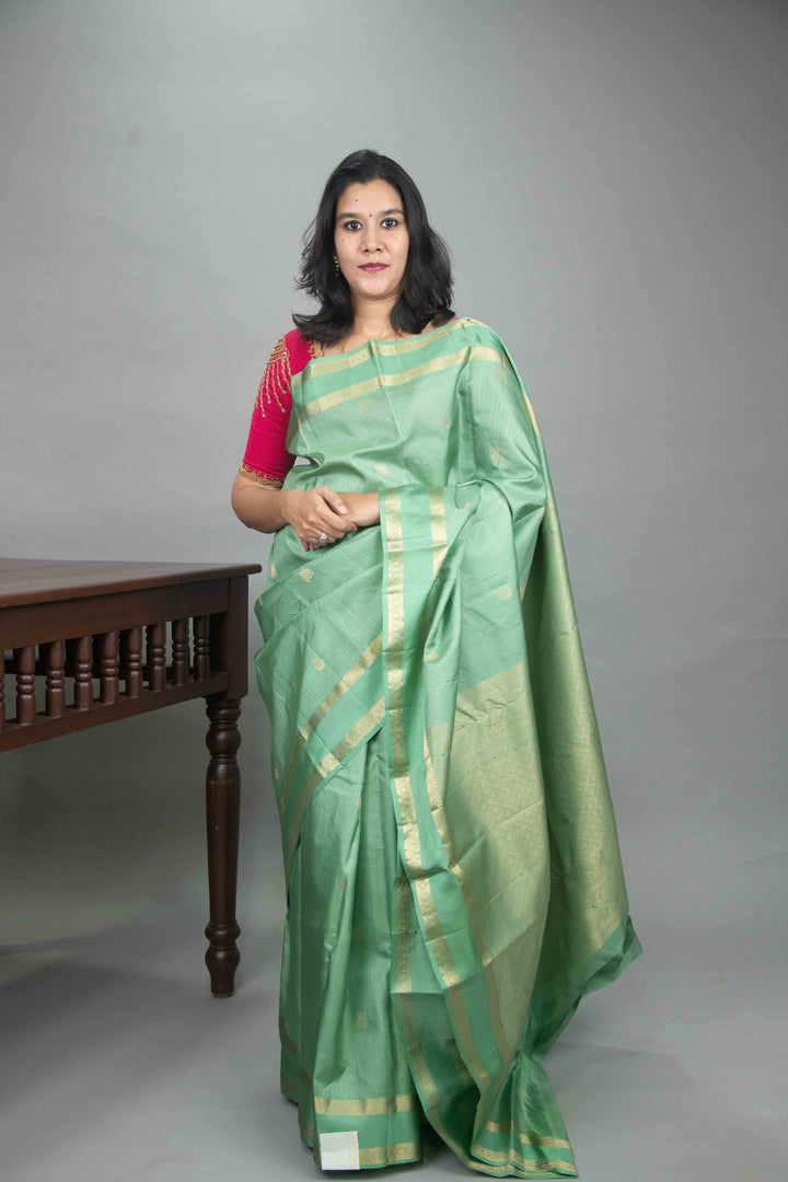 Mint Green Zari Checked Kanchivaram silk saree