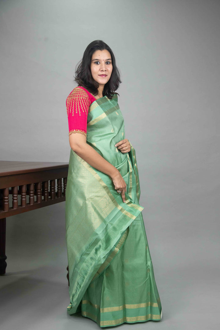 Mint Green Zari Checked Kanchivaram silk saree