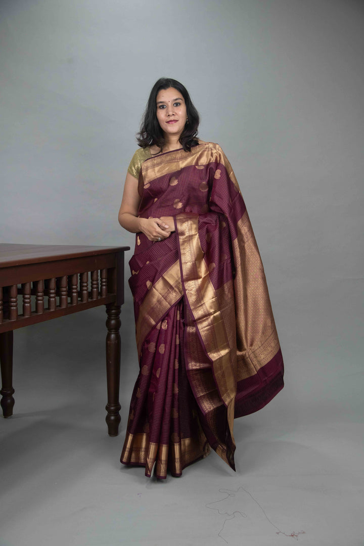 Wine Purple Zari Checked Kanchi silk saree