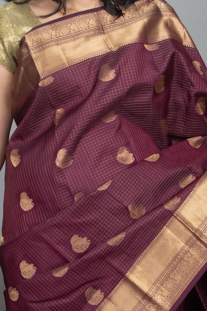 Wine Purple Zari Checked Kanchi silk saree