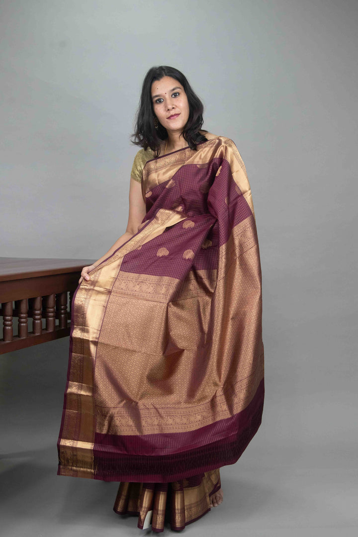 Wine Purple Zari Checked Kanchi silk saree