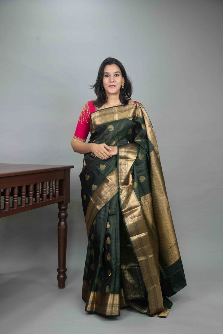 Dark Green Zari Checked Kanchipuram silk saree