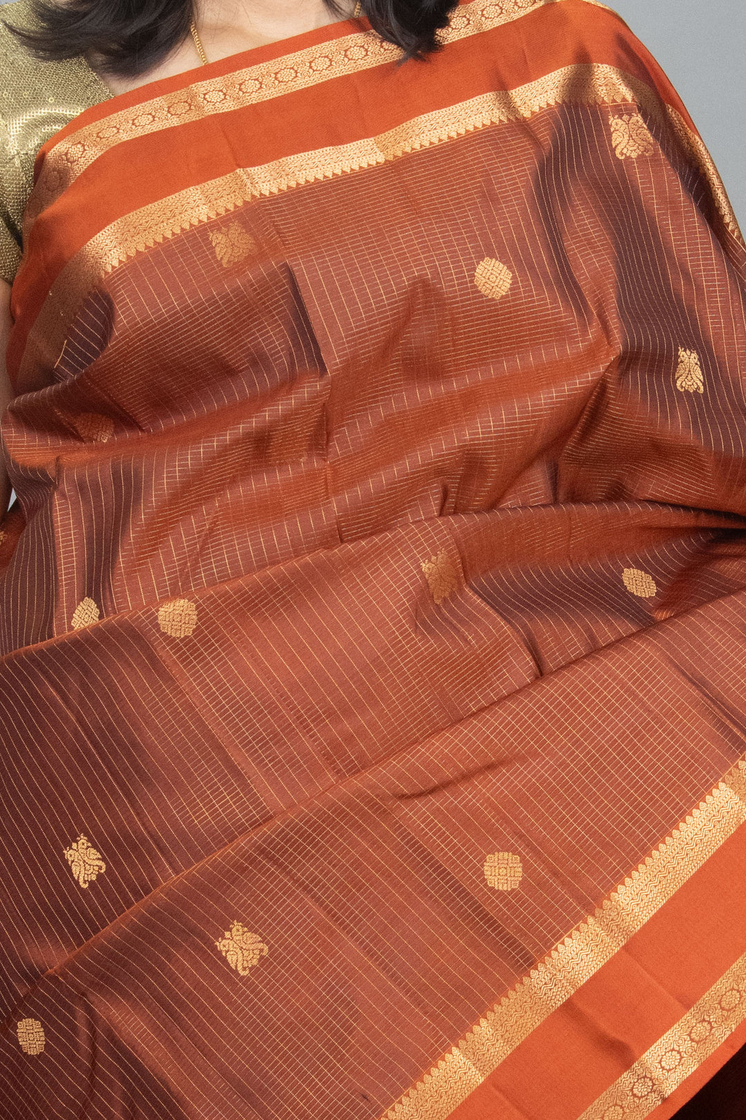 Rust Orange Zari Check Kanji silk saree