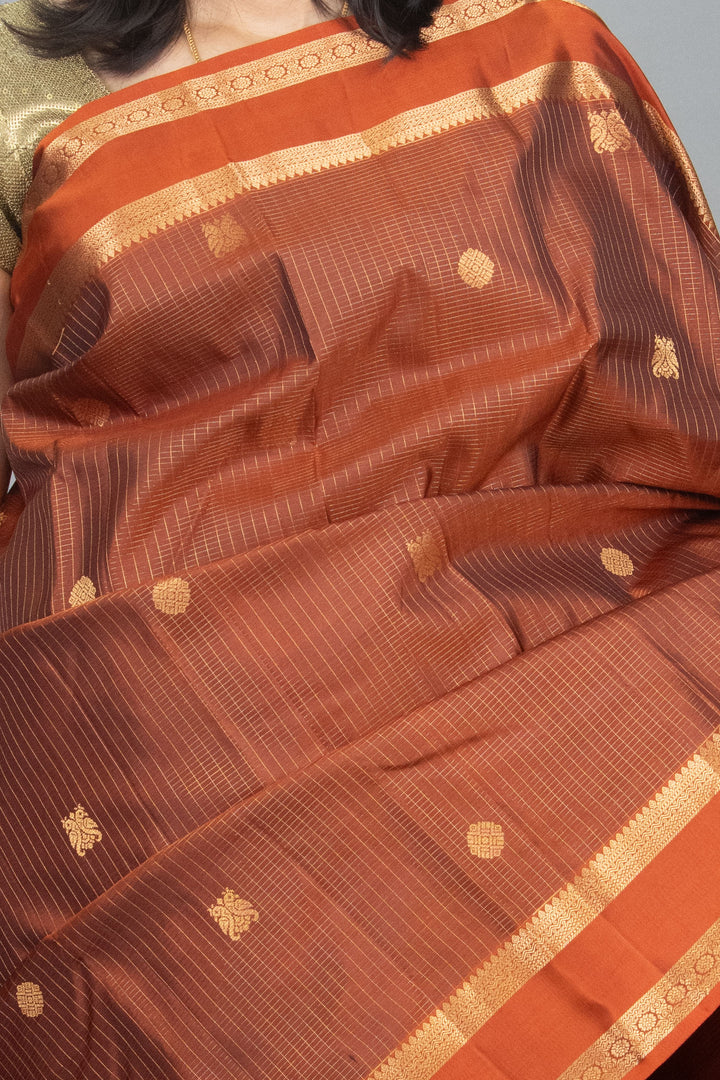 Rust Orange Zari Check Kanji silk saree