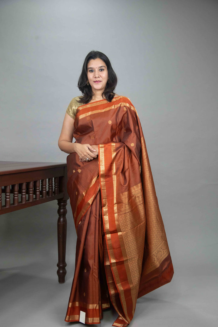 Rust Orange Zari Check Kanji silk saree