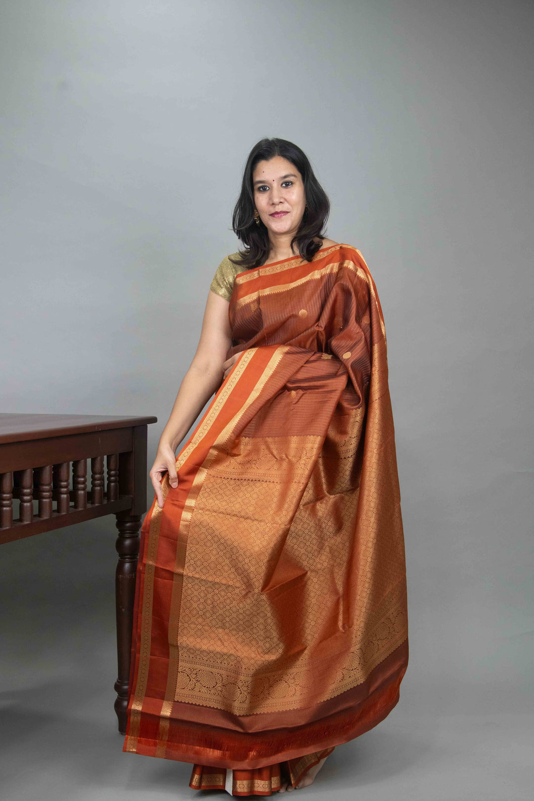 Rust Orange Zari Check Kanji silk saree