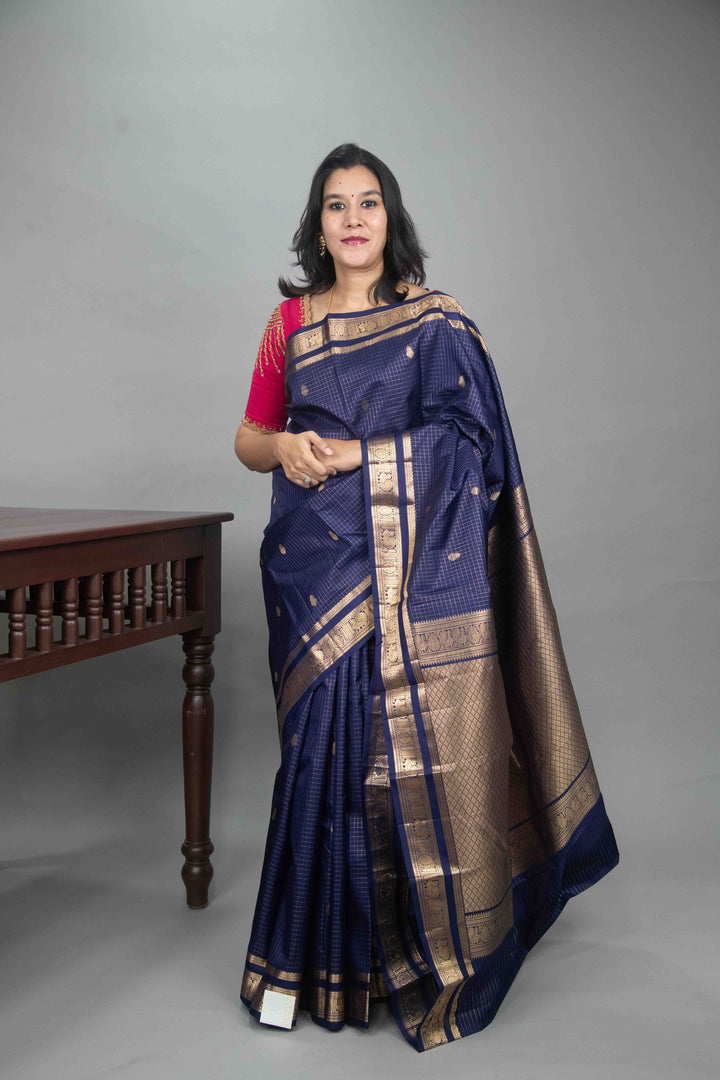 Indigo Blue Zari Checked Kanchivaram silk saree
