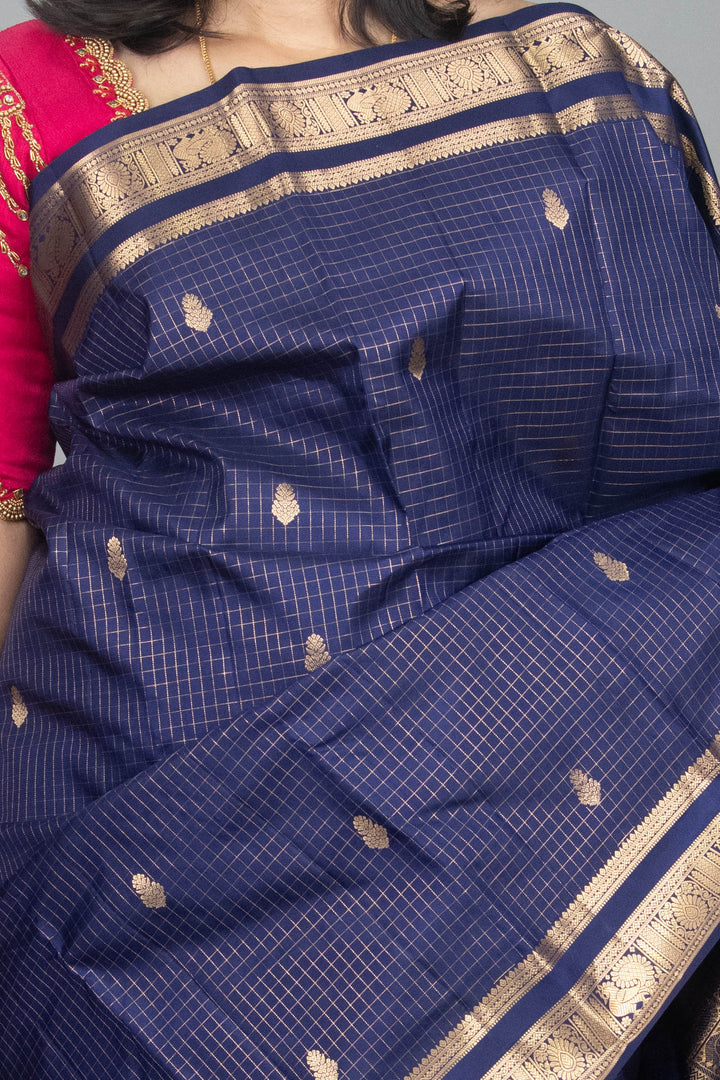 Indigo Blue Zari Checked Kanchivaram silk saree