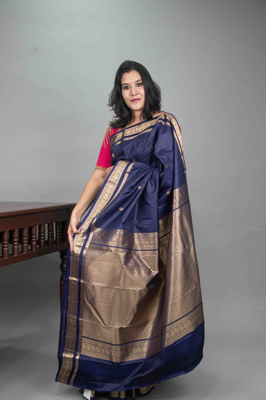 Indigo Blue Zari Checked Kanchivaram silk saree