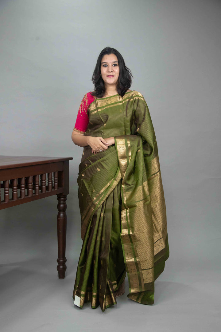 Mehendi green zari checked silk saree