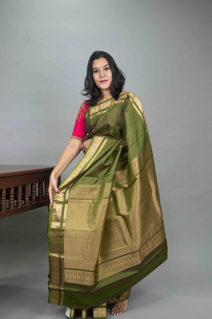 Mehendi green zari checked silk saree
