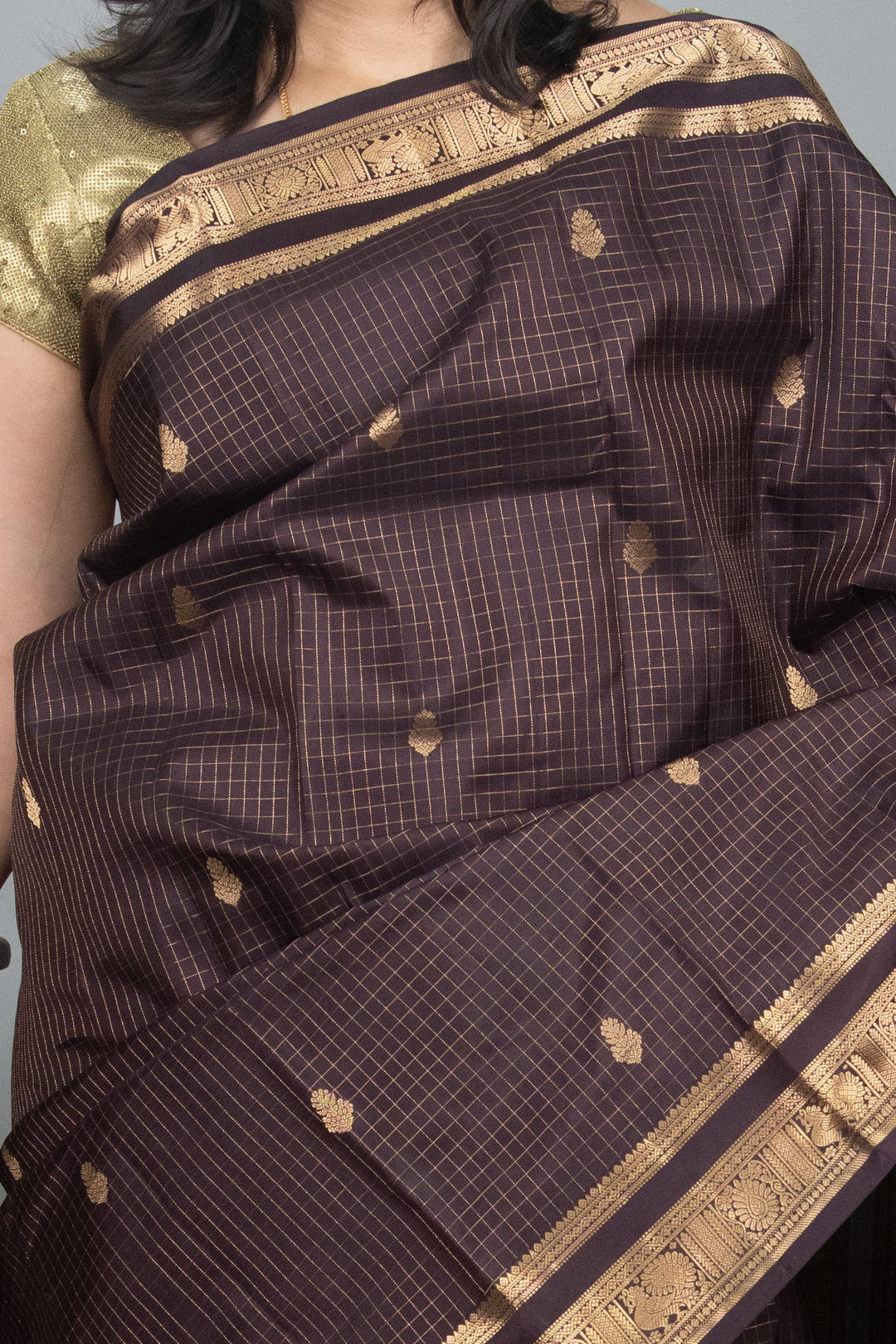 Dark Brown Zari Checked Kanji silk saree