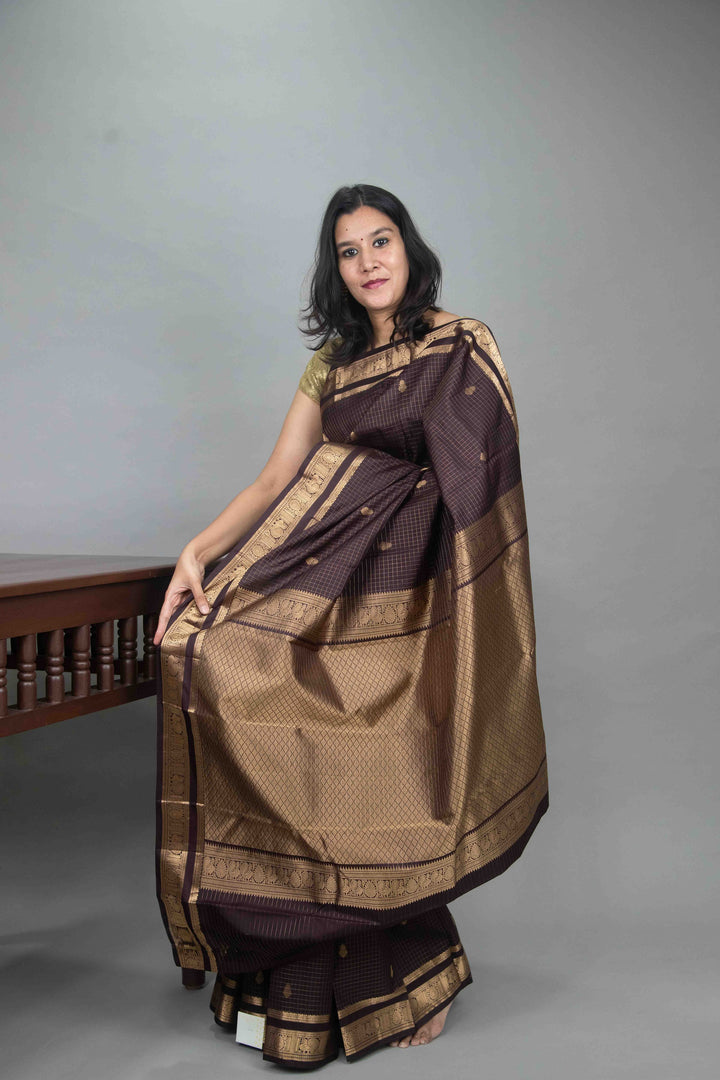 Dark Brown Zari Checked Kanji silk saree