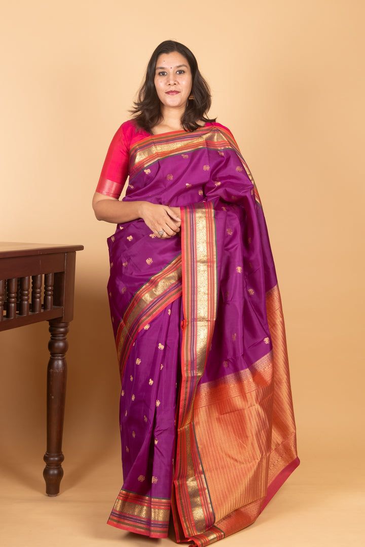 Rich Violet and Dual tone orange Kanjivaram silk saree