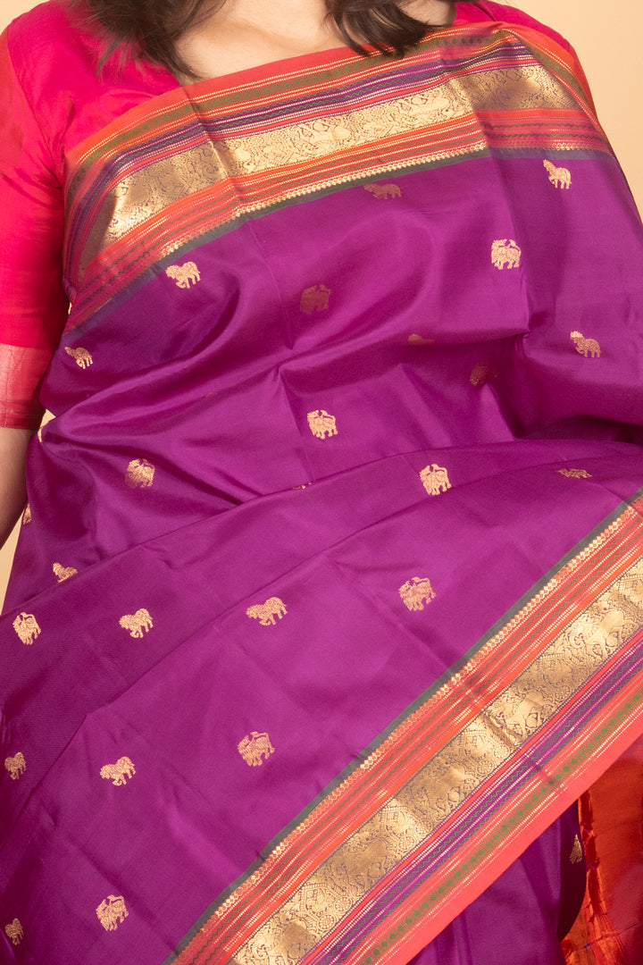 Rich Violet and Dual tone orange Kanjivaram silk saree