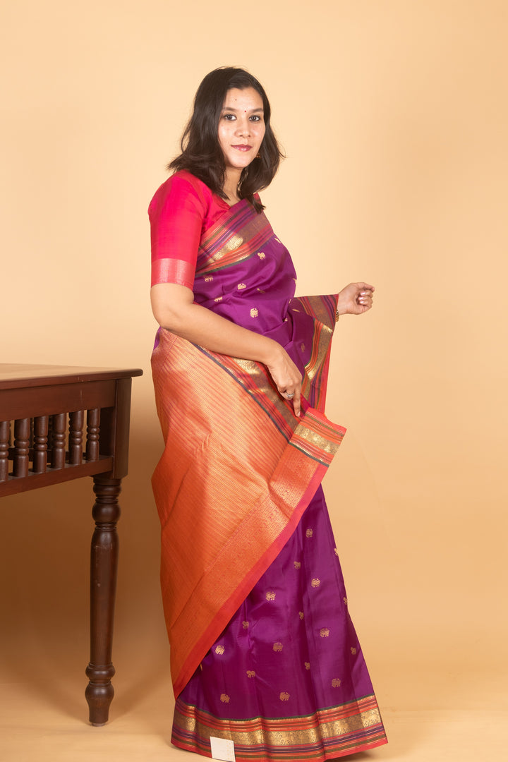 Rich Violet and Dual tone orange Kanjivaram silk saree