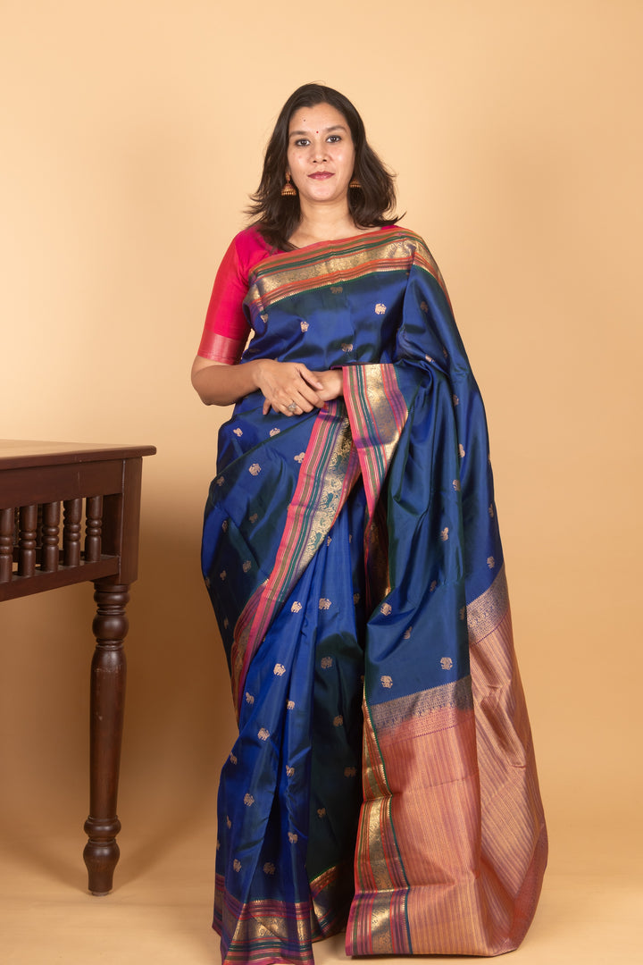 Dark Blue and Dual tone Purple Kanchi silk saree