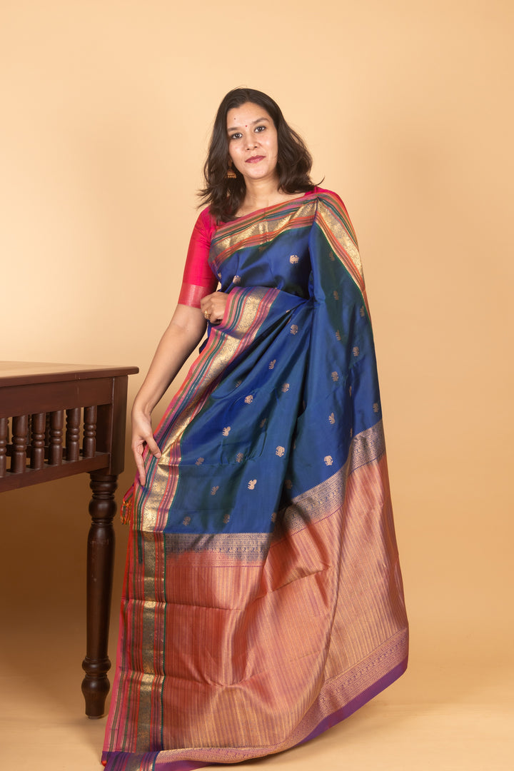 Dark Blue and Dual tone Purple Kanchi silk saree